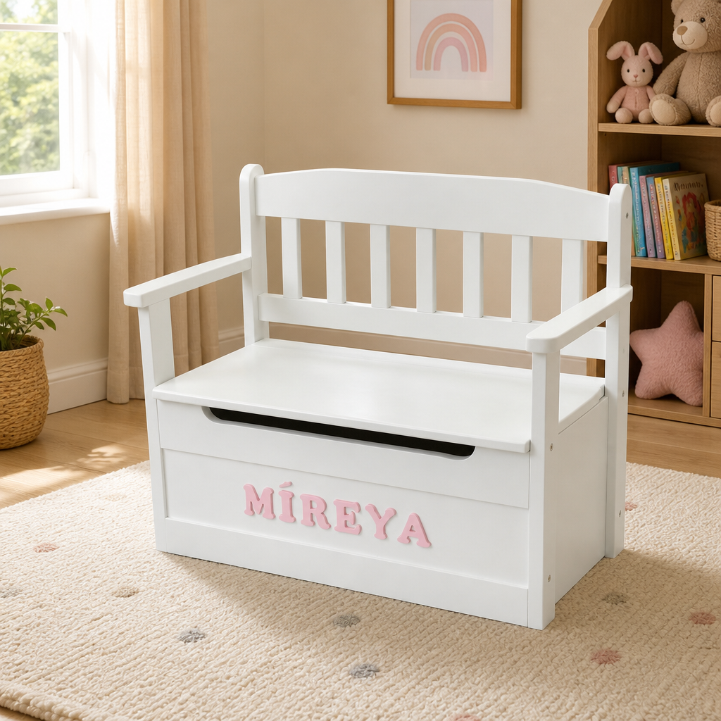 Handcrafted toy box with nameplate